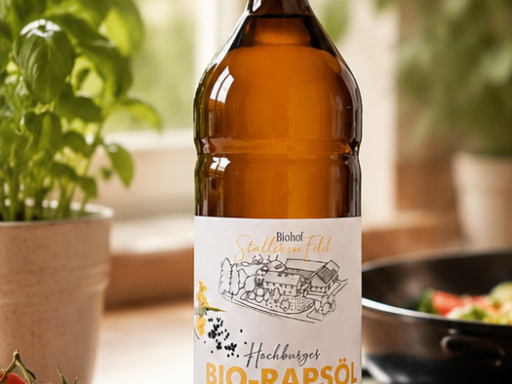 Bio-Rapsöl, Staller im Feld, nativ, kaltgepresst, zum kochen, für Salat