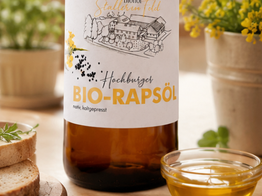 Bio-Rapsöl, Staller im Feld, nativ, kaltgepresst, zum kochen, für Salat