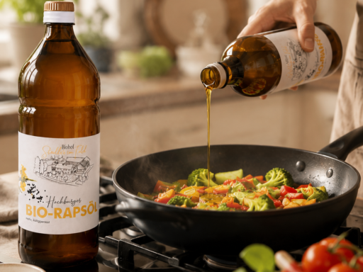 Bio-Rapsöl, Staller im Feld, nativ, kaltgepresst, zum kochen, für Salat