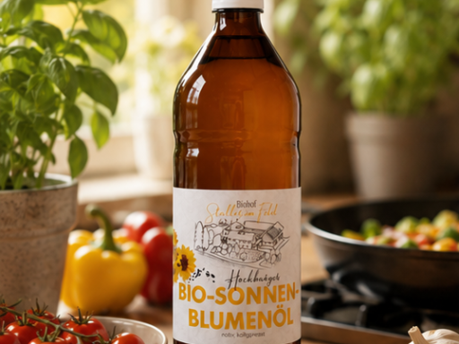 Bio-Sonnenblumenöl, Bio-Bratöl, Staller im Feld, nativ, kaltgepresst, zum kochen, zum braten, zum backen, für Salat