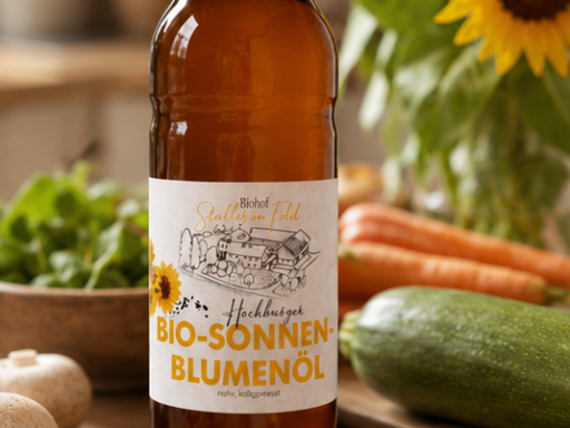 Bio-Sonnenblumenöl, Bio-Bratöl, Staller im Feld, nativ, kaltgepresst, zum kochen, zum braten, zum backen, für Salat